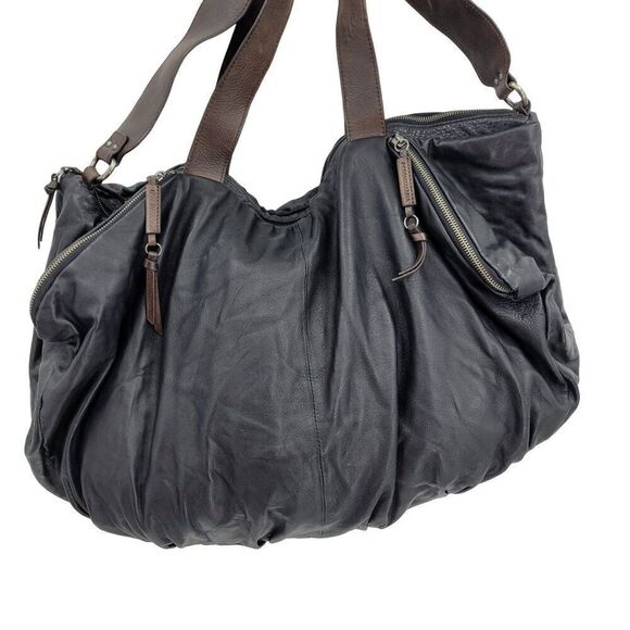 BCBGMAXAZRIA Black Leather Duffle Bag Travel Overnight Gym Weekend Tote Pockets - Picture 7 of 16